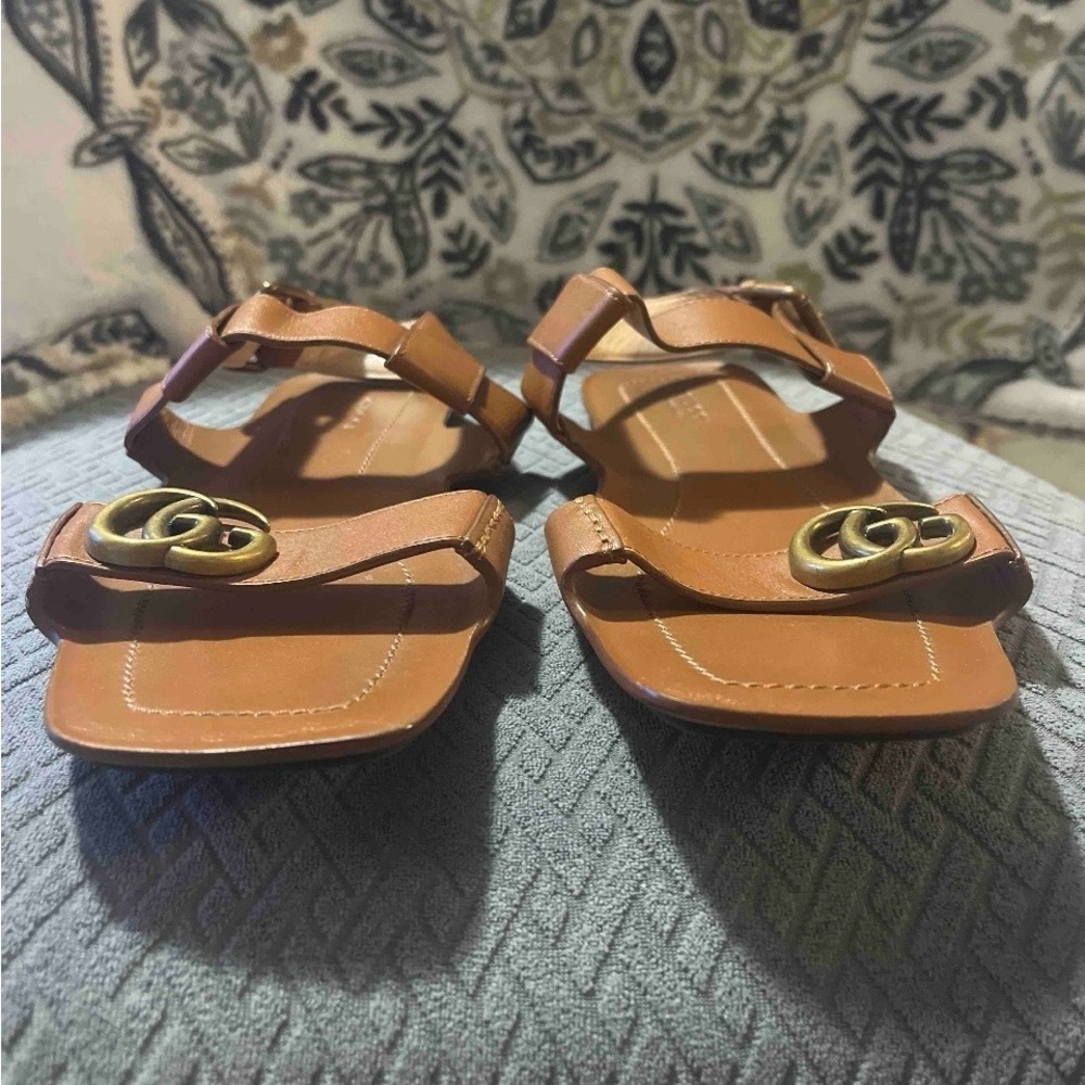 RARE SET Gucci Marmont Tan Leather Flat Sandals Size 39 / US 9 + Rainbow Dustbag - Picture 5 of 15